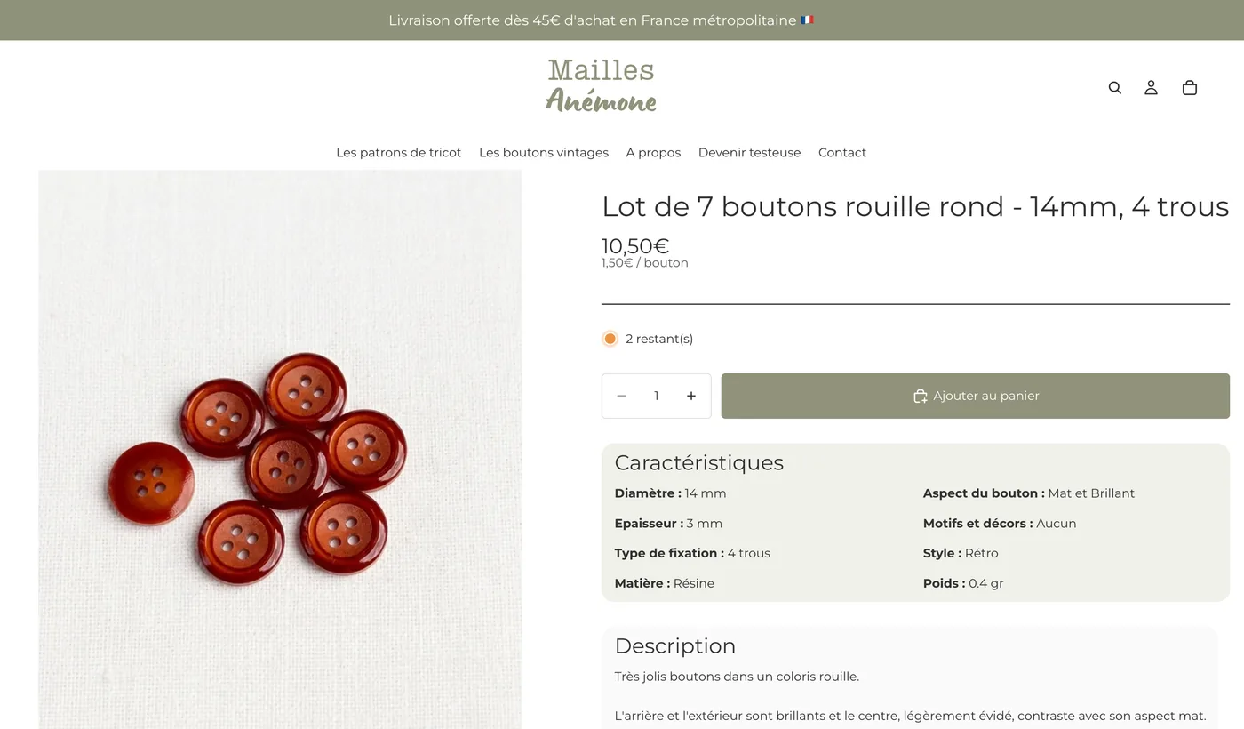 La page d'accueil de la boutique Mailles Anémone : mercerie et patrons de tricot