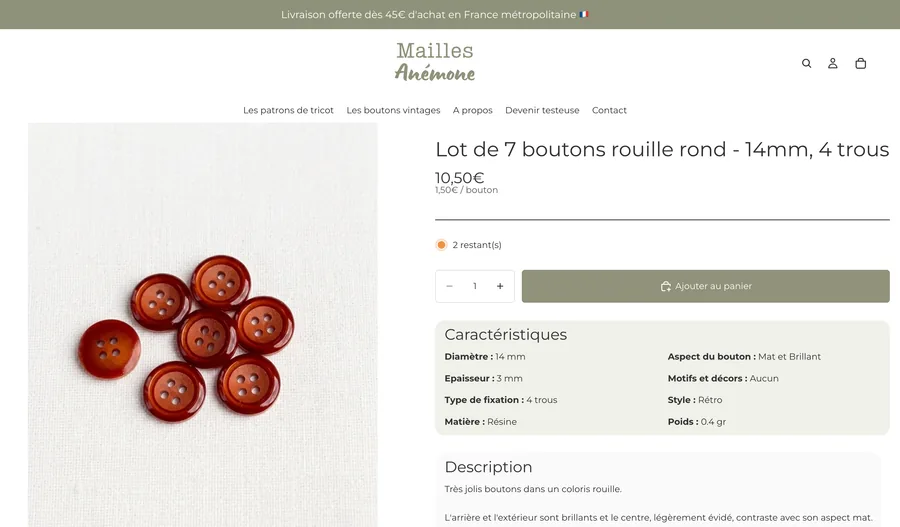 La page d'accueil de la boutique Mailles Anémone : mercerie et patrons de tricot