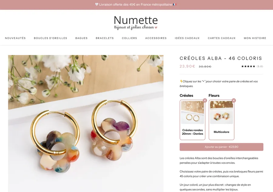 Page produit de la boutique Numette : créoles Alba, 46 coloris, avec sélecteur de breloques