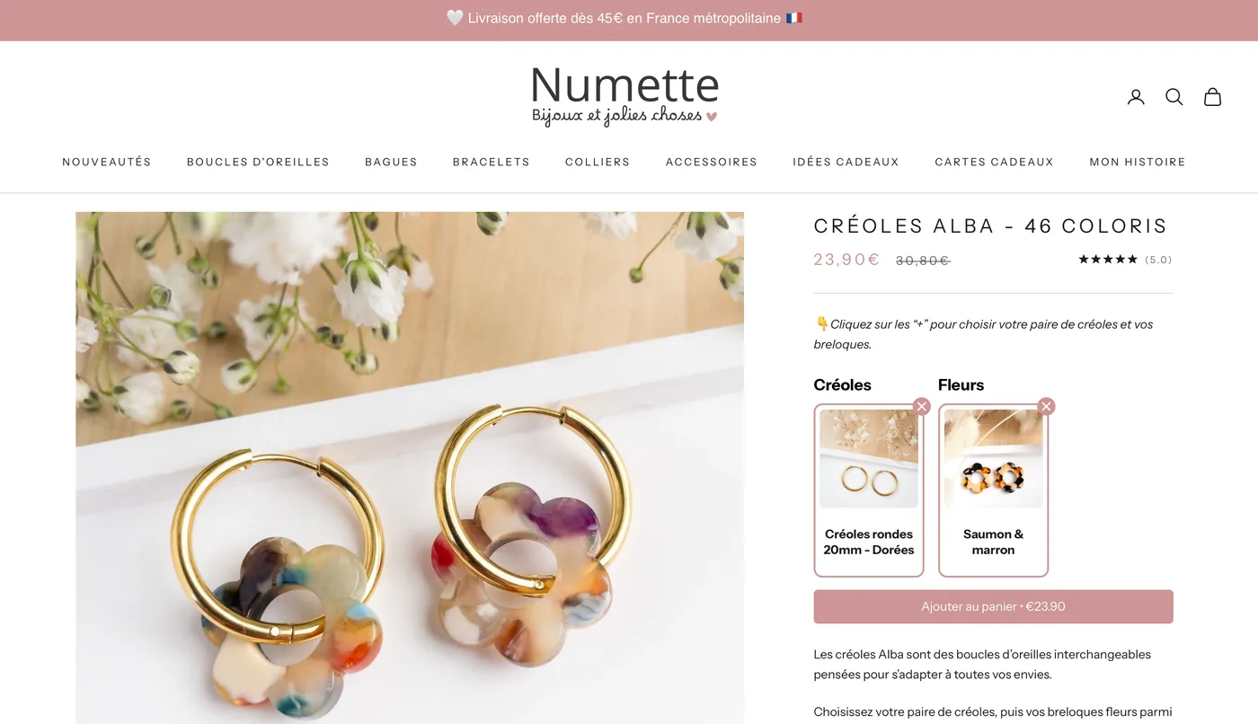 La fiche produit des créoles Alba sur numette.fr, avec son sélecteur de coloris et son bouton d'ajout au panier