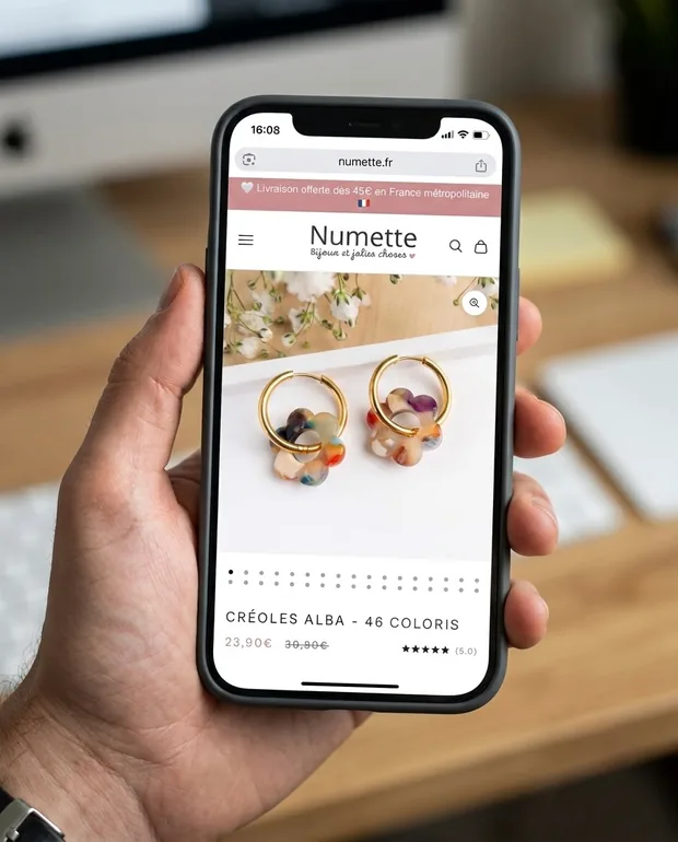 La boutique Numette ouverte sur un téléphone, sur la fiche des créoles Alba proposées en 46 coloris