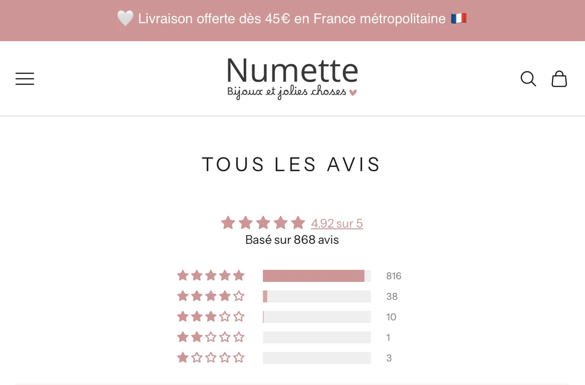 La page d'avis clients de Numette : note moyenne de 4,92 sur 5, calculée sur 868 avis
